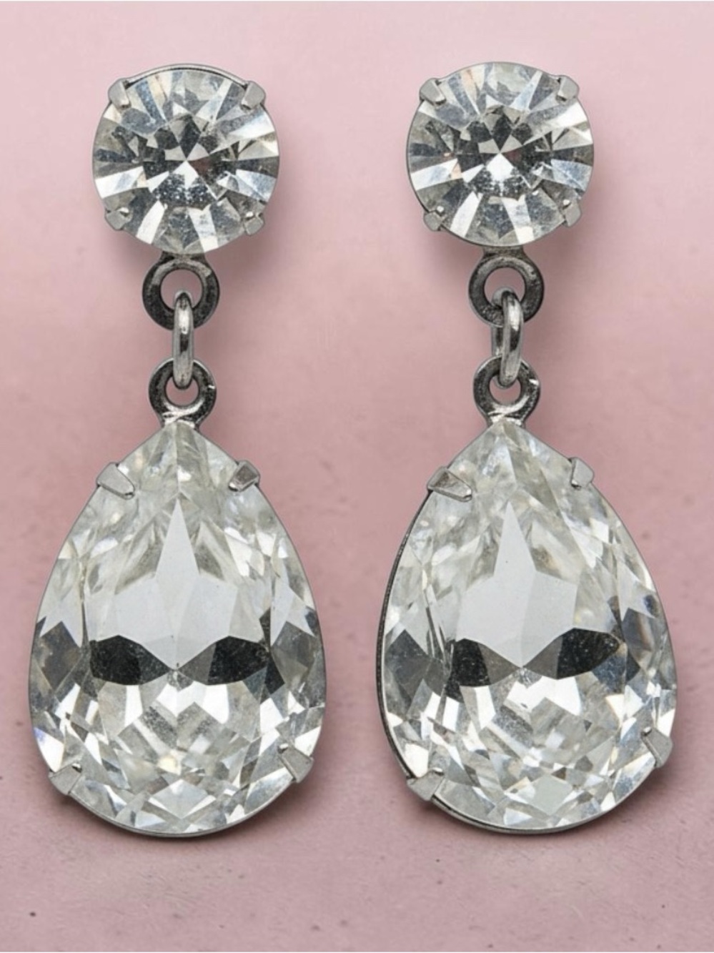 Vintage Silver Tone Clear Rhinestone Teardrop Dangle Earrings Pierced